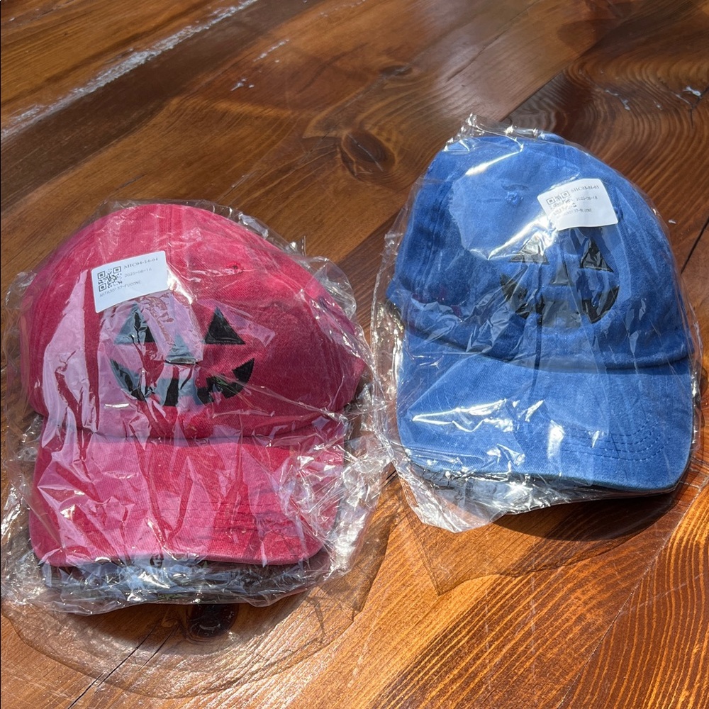 Kids Pumpkin Face Caps - Red and Blue